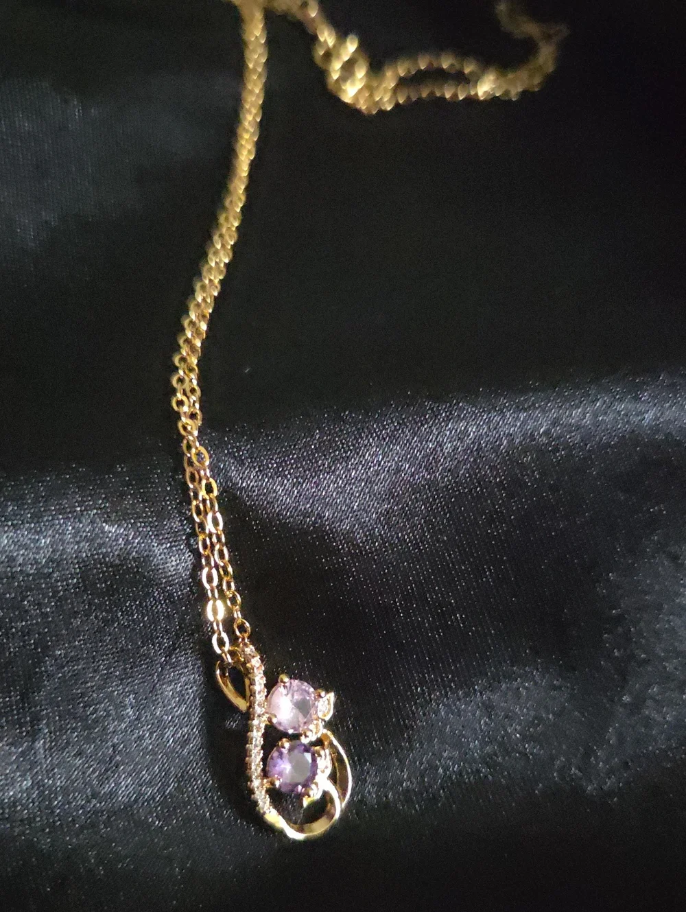 Gold Music Note Pendant Necklace with Purple Gemstones